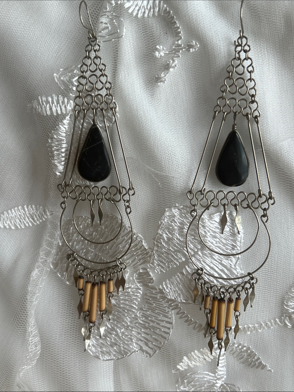 Hand Crafted Black Teardrop Chandelier Earrings with Gold Accents